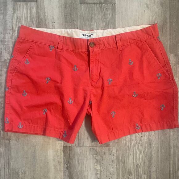 Old Navy Shorts Womens Pink Coral Blue Embroidered Anchors Cotton Nautical Sz 14 - Picture 13 of 14